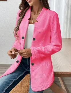 Women's Blazer Comfortable Breathable Buttons Casual Plain Office Street Casual Daily Wear Single Breasted Regular Stand Collar Regular Fit Long Sleeve Outerwear Black White Pink Summer Fall