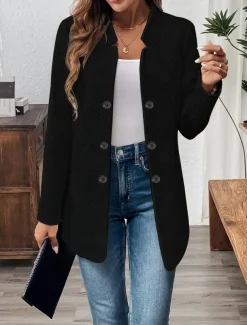 Women's Blazer Comfortable Breathable Buttons Casual Plain Office Street Casual Daily Wear Single Breasted Regular Stand Collar Regular Fit Long Sleeve Outerwear Black White Pink Summer Fall