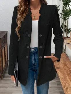 Women's Blazer Comfortable Breathable Buttons Casual Plain Office Street Casual Daily Wear Single Breasted Regular Stand Collar Regular Fit Long Sleeve Outerwear Black White Pink Summer Fall