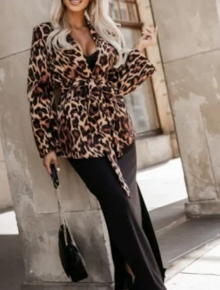 Women's Blazer Comfortable Breathable Lace up Pocket Casual Leopard Office Street Casual Daily Wear Single Breasted Regular Turndown Regular Fit Long Sleeve Outerwear Black White Yellow Spring Fall