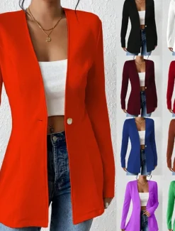 Women's Blazer Comfortable Breathable Buttons OL Style Casual Plain Office Street Casual Daily Wear Single Breasted Regular V Neck Regular Fit Long Sleeve Outerwear Black White Red Spring Fall