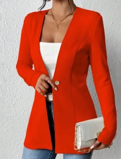 Women's Blazer Comfortable Breathable Buttons OL Style Casual Plain Office Street Casual Daily Wear Single Breasted Regular V Neck Regular Fit Long Sleeve Outerwear Black White Red Spring Fall