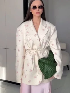 Women's Blazer Comfortable Print Elegant Vintage Fashion Daily Floral Vacation Party Birthday Casual Single Breasted Regular Notch Lapel Loose Fit Long Sleeve Outerwear White Apricot Summer Spring