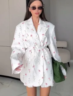 Women's Blazer Comfortable Print Elegant Vintage Fashion Daily Floral Vacation Party Birthday Casual Single Breasted Regular Notch Lapel Loose Fit Long Sleeve Outerwear White Apricot Summer Spring