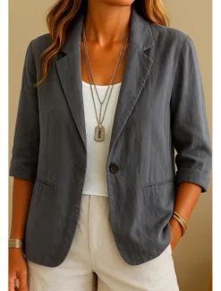 Women's Blazer Comfortable Breathable Pocket Casual Plain Office Street Casual Daily Wear Single Breasted Regular Turndown Regular Fit Long Sleeve Outerwear Blue Beige Gray Summer Spring