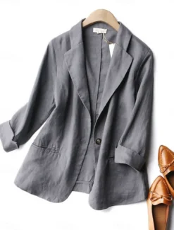 Women's Blazer Comfortable Breathable Pocket Casual Plain Office Street Casual Daily Wear Single Breasted Regular Turndown Regular Fit Long Sleeve Outerwear Blue Beige Gray Summer Spring