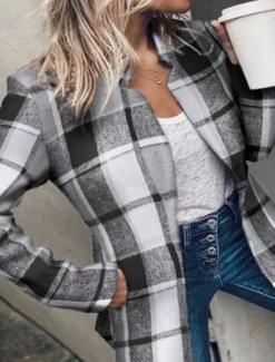 Women's Blazer Formal Pocket Plaid Windproof Streetwear Regular Fit Outerwear Long Sleeve Fall Black S
