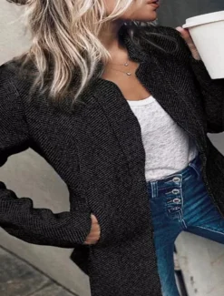 Women's Blazer Formal Pocket Plaid Windproof Streetwear Regular Fit Outerwear Long Sleeve Fall Black S