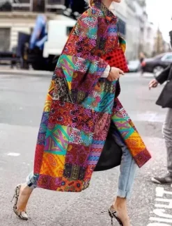 Women's Blazer Office Work Street Fall Winter Long Coat Loose Fit Thermal Warm Comtemporary Stylish Casual Jacket Long Sleeve Print Floral Print Red Blue Green