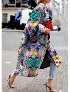 Women's Blazer Office Work Street Fall Winter Long Coat Loose Fit Thermal Warm Comtemporary Stylish Casual Jacket Long Sleeve Print Floral Print Red Blue Green