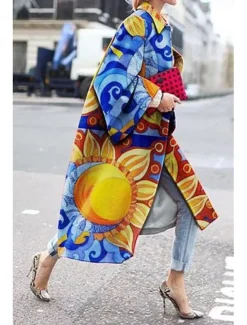 Women's Blazer Office Work Street Fall Winter Long Coat Loose Fit Thermal Warm Comtemporary Stylish Casual Jacket Long Sleeve Print Floral Print Red Blue Green