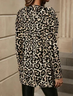 Women's Blazer Outdoor Adjustable Leopard Comfortable Stylish Regular Fit Outerwear Long Sleeve Fall Brown XL