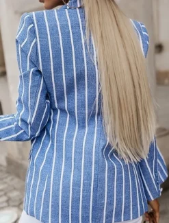 Women's Blazer Outdoor Button Stripe Windproof Fashion Regular Fit Outerwear Long Sleeve Fall Blue S