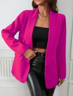 Women's Blazer Warm Breathable Pocket OL Style Casual Plain Formal Office Work Open Front Regular Turndown Regular Fit Long Sleeve Outerwear Black Fuchsia Summer Spring
