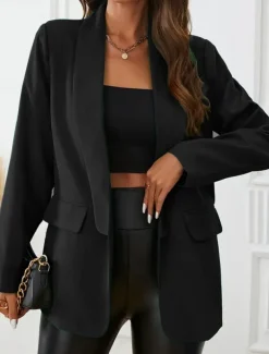 Women's Blazer Warm Breathable Pocket OL Style Casual Plain Formal Office Work Open Front Regular Turndown Regular Fit Long Sleeve Outerwear Black Fuchsia Summer Spring