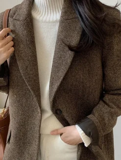 Women's Blazer Warm Breathable Patchwork Pocket OL Style Modern Solid Color Office / Career Going out Regular Turndown Regular Fit Long Sleeve Outerwear Brown Grey Fall Winter