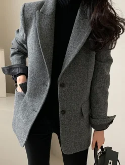Women's Blazer Warm Breathable Patchwork Pocket OL Style Modern Solid Color Office / Career Going out Regular Turndown Regular Fit Long Sleeve Outerwear Brown Grey Fall Winter