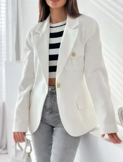 Women's Blazer Work Button Solid Color Casual / Daily Stylish Regular Fit Outerwear Long Sleeve Winter Black S