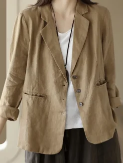 Women's Blazer Work Button Solid Color Breathable OL Style Regular Fit Outerwear Long Sleeve Fall Orange M