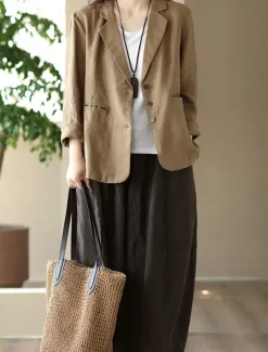 Women's Blazer Work Button Solid Color Breathable OL Style Regular Fit Outerwear Long Sleeve Fall Orange M