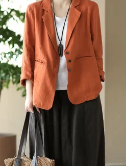Women's Blazer Work Button Solid Color Breathable OL Style Regular Fit Outerwear Long Sleeve Fall Orange M