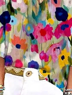 Women's Blouse Button Down Floral Graphic Stylish Beach Short Sleeve V Neck Regular Tops Daily Print Rainbow Summer Spring