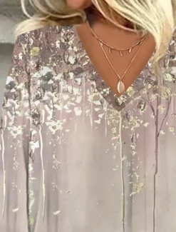 Women's Blouse Button Down Ombre Floral Graphic Stylish Beach Short Sleeve V Neck Regular Tops Daily Print Khaki Summer Spring