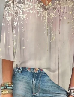 Women's Blouse Button Down Ombre Floral Graphic Stylish Beach Short Sleeve V Neck Regular Tops Daily Print Khaki Summer Spring