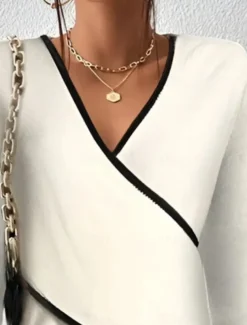 Women's Blouse Color Block Stylish Casual Long Sleeve V Neck Regular Tops Daily Criss Cross White Khaki Summer Spring Fall