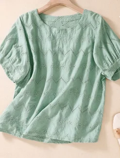 Women's Blouse Cotton Linen Shirts Solid Color Stylish Casual Short Sleeve Crew Neck Regular Tops Daily Holiday Going out Hollow Out White Orange Green Summer Spring