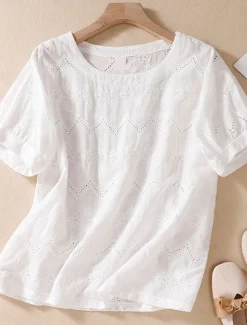Women's Blouse Cotton Linen Shirts Solid Color Stylish Casual Short Sleeve Crew Neck Regular Tops Daily Holiday Going out Hollow Out White Orange Green Summer Spring