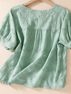 Women's Blouse Cotton Linen Shirts Solid Color Stylish Casual Short Sleeve Crew Neck Regular Tops Daily Holiday Going out Hollow Out White Orange Green Summer Spring