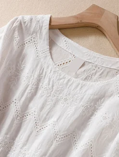 Women's Blouse Cotton Linen Shirts Solid Color Stylish Casual Short Sleeve Crew Neck Regular Tops Daily Holiday Going out Hollow Out White Orange Green Summer Spring