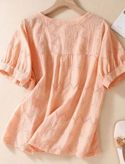 Women's Blouse Cotton Linen Shirts Solid Color Stylish Casual Short Sleeve Crew Neck Regular Tops Daily Holiday Going out Hollow Out White Orange Green Summer Spring