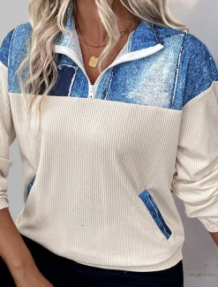 Women's Blouse 3D Daily Stylish Casual Long Sleeve High Neck Regular Tops Work Daily Resort Wear Patchwork 3D Print Print off white Spring Fall Winter