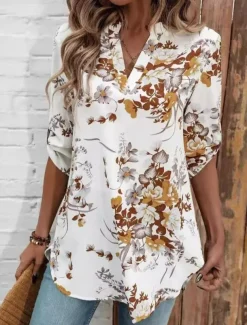 Women's Blouse Dressy Tops Floral Stylish Half Sleeve V Neck Daily Print White Summer