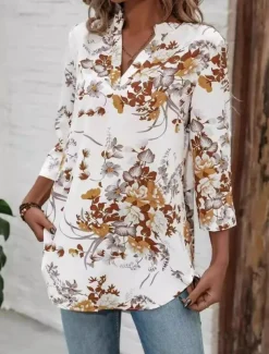 Women's Blouse Dressy Tops Floral Stylish Half Sleeve V Neck Daily Print White Summer
