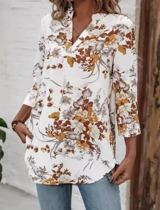 Women's Blouse Dressy Tops Floral Stylish Half Sleeve V Neck Daily Print White Summer