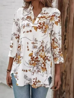 Women's Blouse Dressy Tops Floral Stylish Half Sleeve V Neck Daily Print White Summer