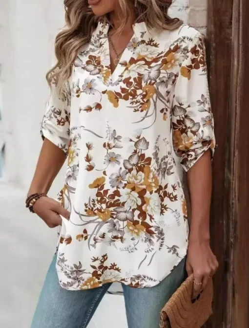 Women's Blouse Dressy Tops Floral Stylish Half Sleeve V Neck Daily Print White Summer