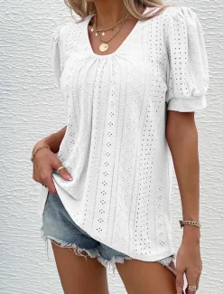 Women's Blouse Elegant Bohemia Short Sleeve Crew Neck Vacation Daily Going out Knotted White Pink Army Green Green Summer