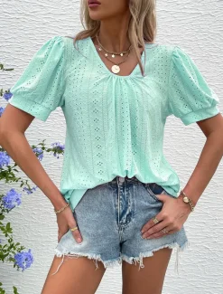 Women's Blouse Elegant Bohemia Short Sleeve Crew Neck Vacation Daily Going out Knotted White Pink Army Green Green Summer