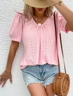 Women's Blouse Elegant Bohemia Short Sleeve Crew Neck Vacation Daily Going out Knotted White Pink Army Green Green Summer