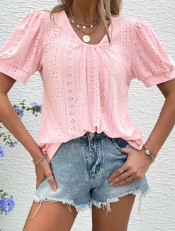 Women's Blouse Elegant Bohemia Short Sleeve Crew Neck Vacation Daily Going out Knotted White Pink Army Green Green Summer