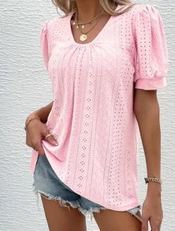 Women's Blouse Elegant Bohemia Short Sleeve Crew Neck Vacation Daily Going out Knotted White Pink Army Green Green Summer
