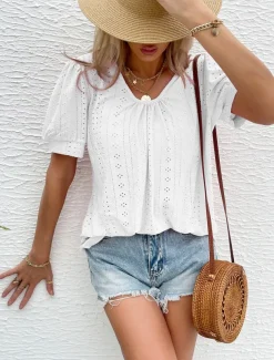 Women's Blouse Elegant Bohemia Short Sleeve Crew Neck Vacation Daily Going out Knotted White Pink Army Green Green Summer