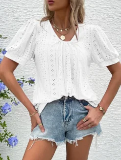 Women's Blouse Elegant Bohemia Short Sleeve Crew Neck Vacation Daily Going out Knotted White Pink Army Green Green Summer