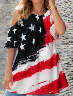 Women's Blouse Flag Vintage Tropical Casual 3/4 Length Sleeve Crew Neck Regular Tops Daily Print Black Blue Purple Summer