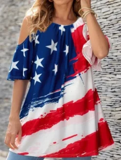 Women's Blouse Flag Vintage Tropical Casual 3/4 Length Sleeve Crew Neck Regular Tops Daily Print Black Blue Purple Summer