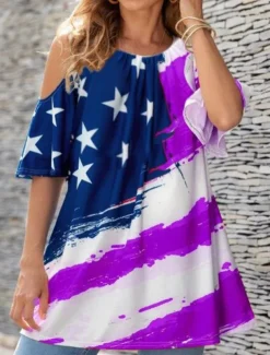 Women's Blouse Flag Vintage Tropical Casual 3/4 Length Sleeve Crew Neck Regular Tops Daily Print Black Blue Purple Summer